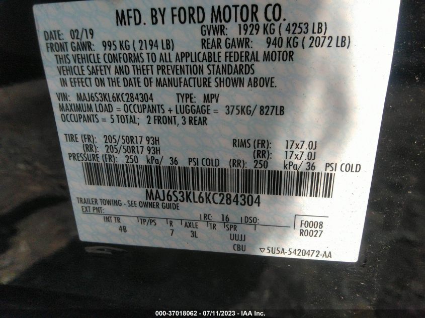 2019 FORD ECOSPORT TITANIUM - MAJ6S3KL6KC284304