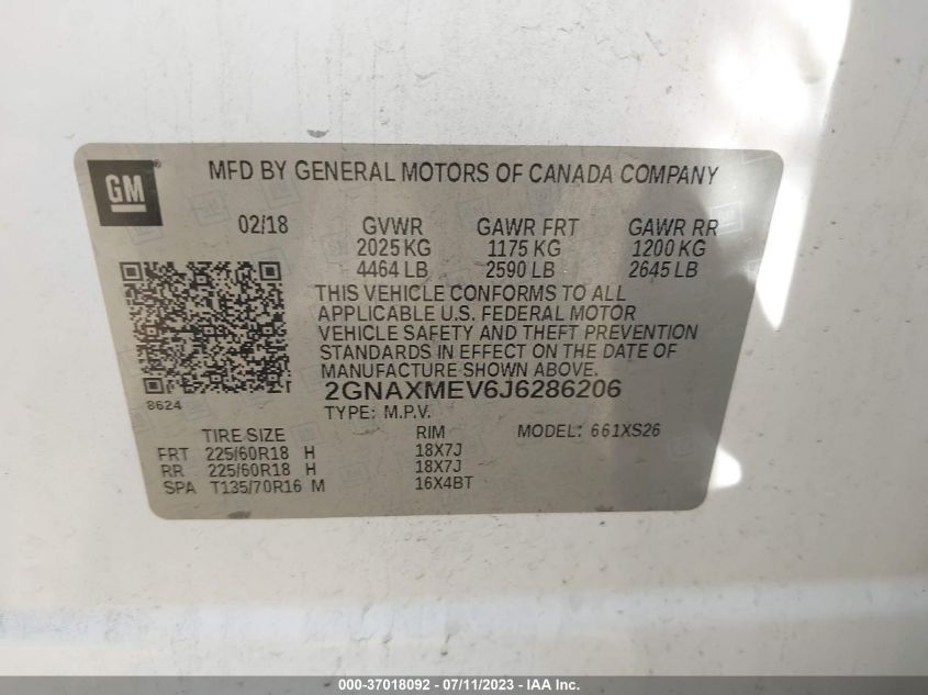 2018 CHEVROLET EQUINOX PREMIER - 2GNAXMEV6J6286206