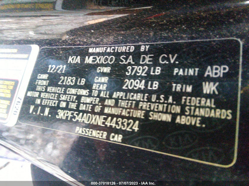 VIN 3KPF54ADXNE443324 2022 KIA FORTE GT LINE