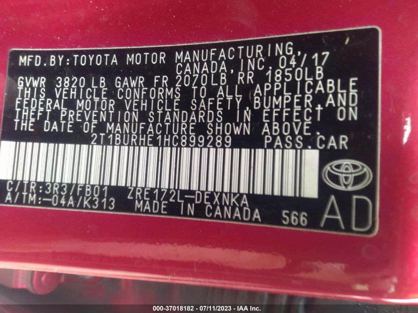 2017 TOYOTA COROLLA LE - 2T1BURHE1HC899289