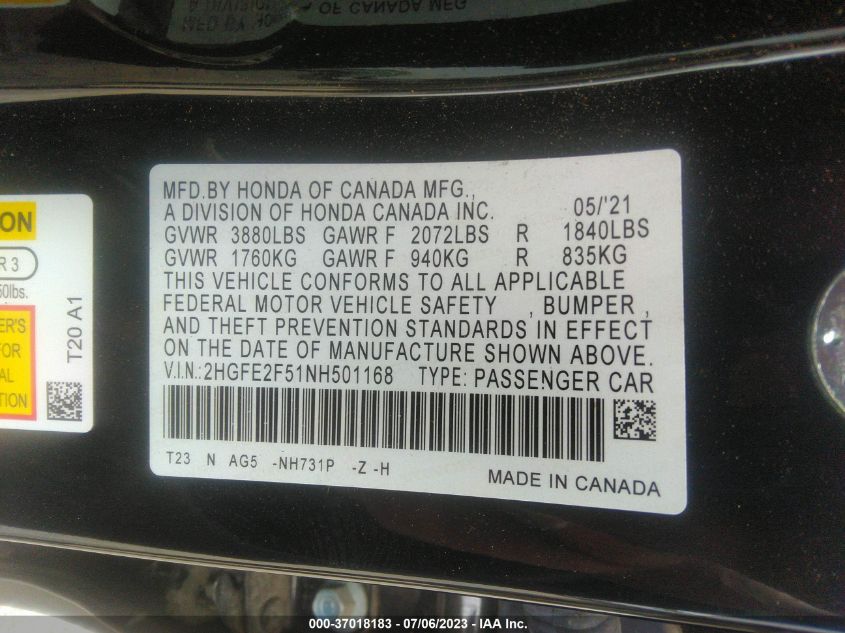 2022 HONDA CIVIC SEDAN SPORT - 2HGFE2F51NH501168
