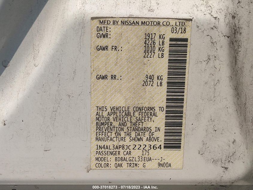 2018 NISSAN ALTIMA 2.5 S - 1N4AL3AP8JC222364