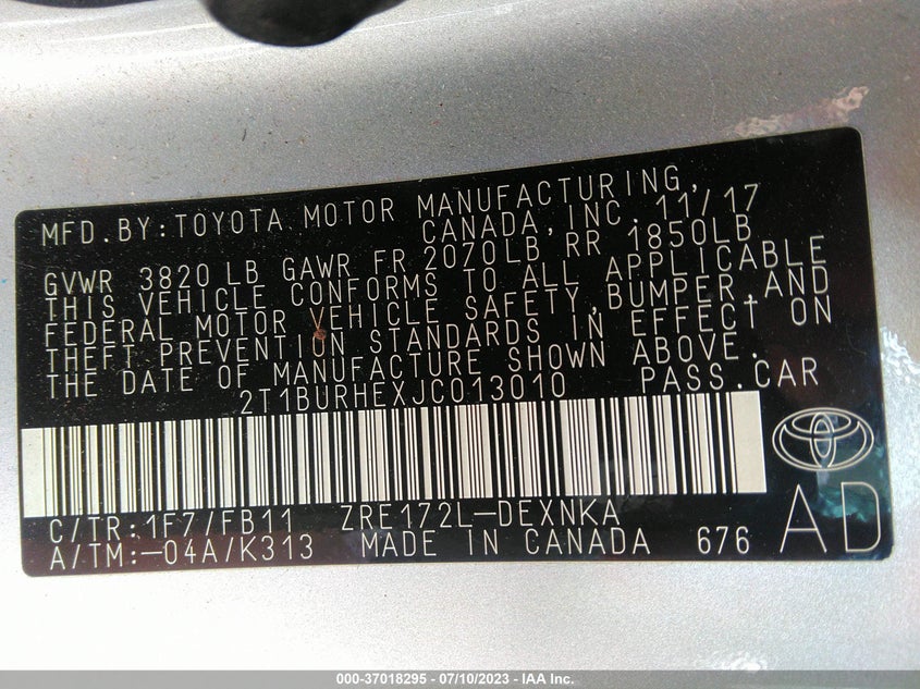 VIN 2T1BURHEXJC013010 2018 TOYOTA COROLLA L/LE/XLE/SE/XSE