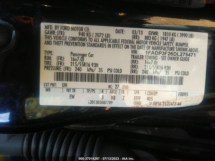 2013 FORD FOCUS SE - 1FADP3F26DL275471