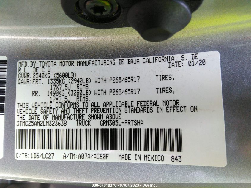 2020 TOYOTA TACOMA 4WD SR5/TRD SPORT - 3TMCZ5AN2LM323638