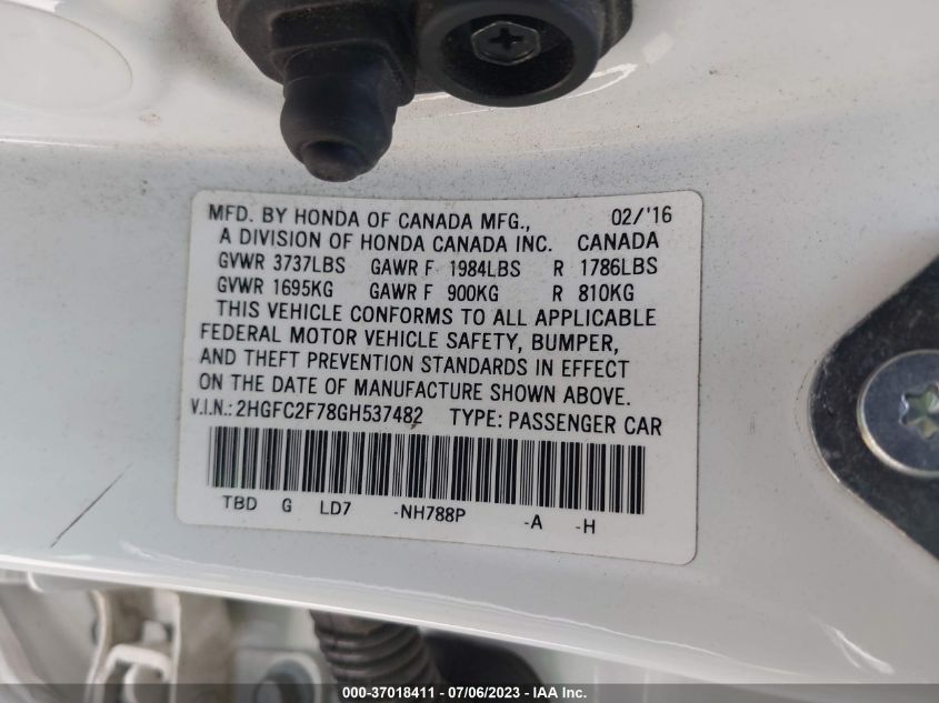 2016 HONDA CIVIC SEDAN EX - 2HGFC2F78GH537482
