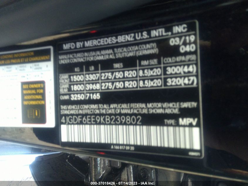 2019 MERCEDES-BENZ GLS GLS 450 - 4JGDF6EE9KB239802
