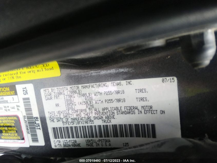 2015 TOYOTA TUNDRA 2WD TRUCK SR5 - 5TFEY5F18FX190755
