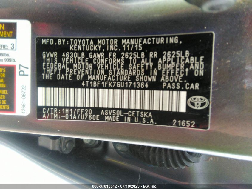 2016 TOYOTA CAMRY XLE/SE/LE/XSE - 4T1BF1FK7GU171364