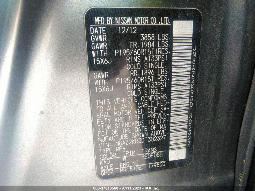 2013 NISSAN CUBE S - JN8AZ2KR3DT302327