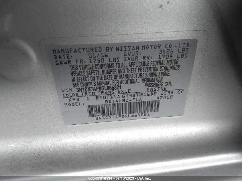 2016 NISSAN VERSA SV - 3N1CN7AP8GL865821