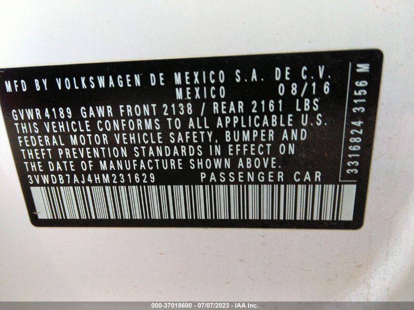 2017 VOLKSWAGEN JETTA 1.4T SE - 3VWDB7AJ4HM231629