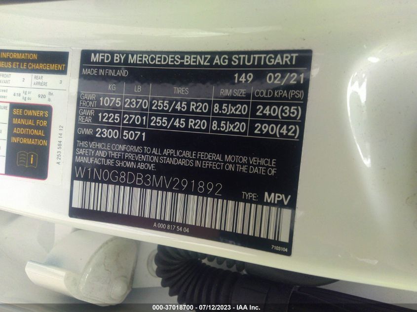2021 MERCEDES-BENZ GLC GLC 300 - W1N0G8DB3MV291892
