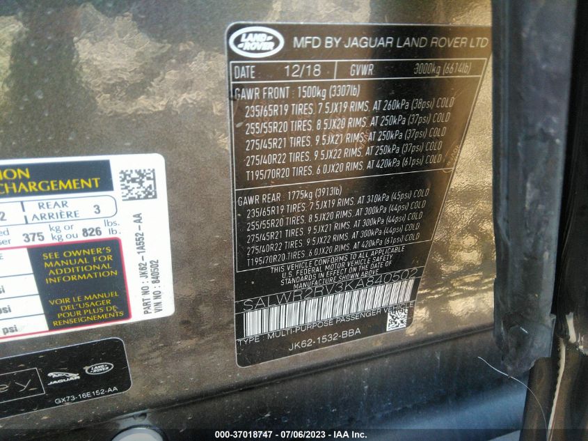 2019 LAND ROVER RANGE ROVER SPORT HSE - SALWR2RV3KA840502
