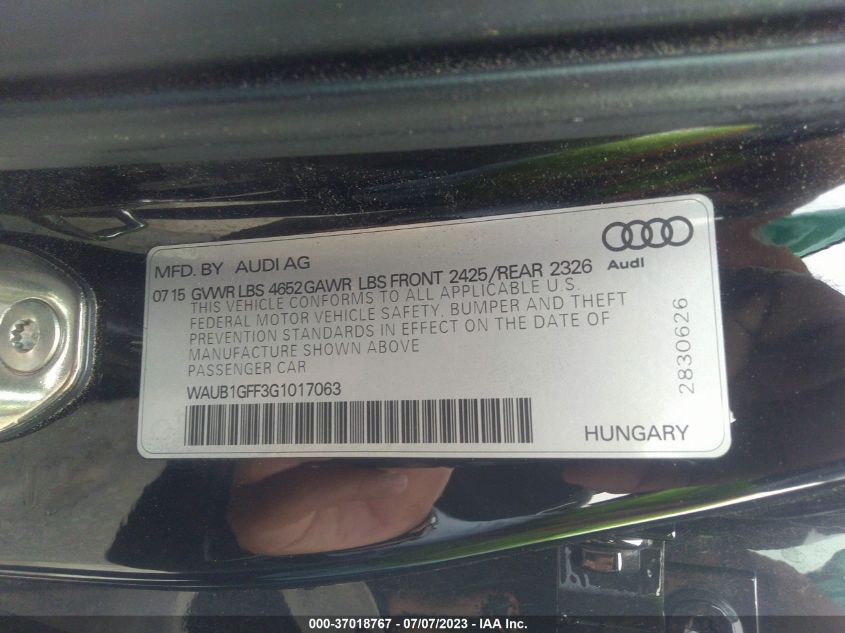 2016 AUDI S3 PREMIUM PLUS - WAUB1GFF3G1017063