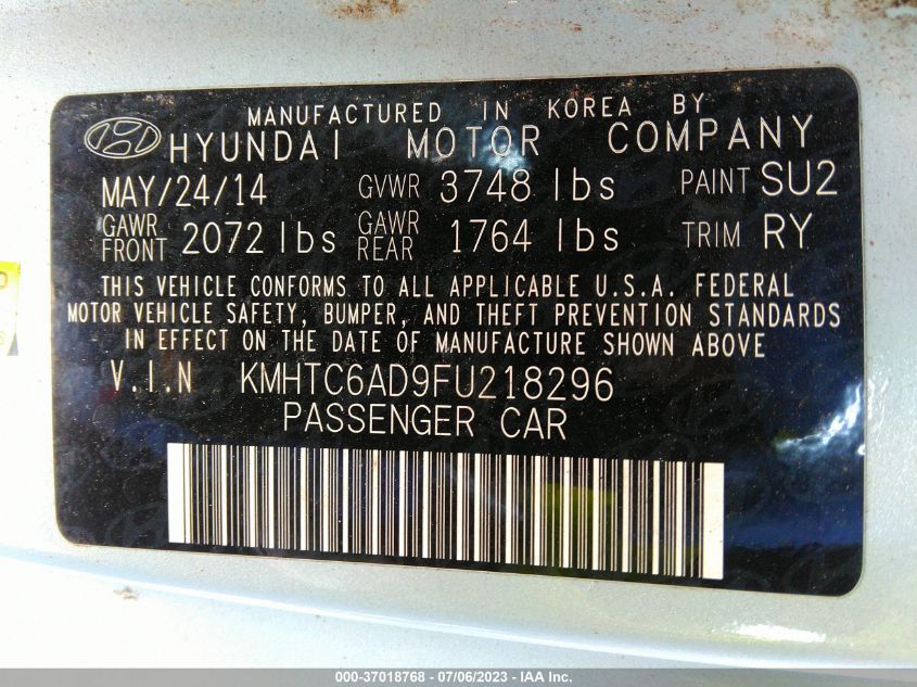 2015 HYUNDAI VELOSTER - KMHTC6AD9FU218296
