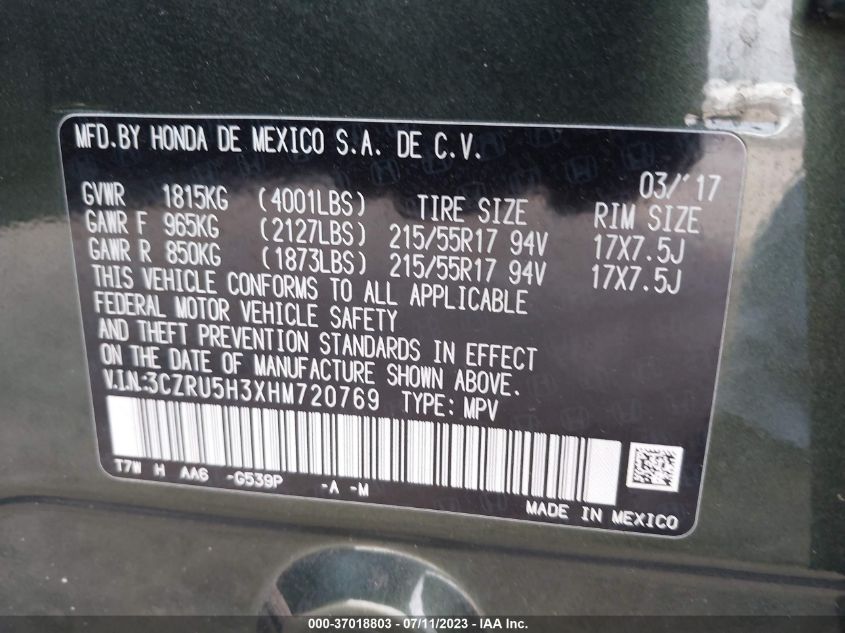 VIN 3CZRU5H3XHM720769 2017 HONDA HR-V LX