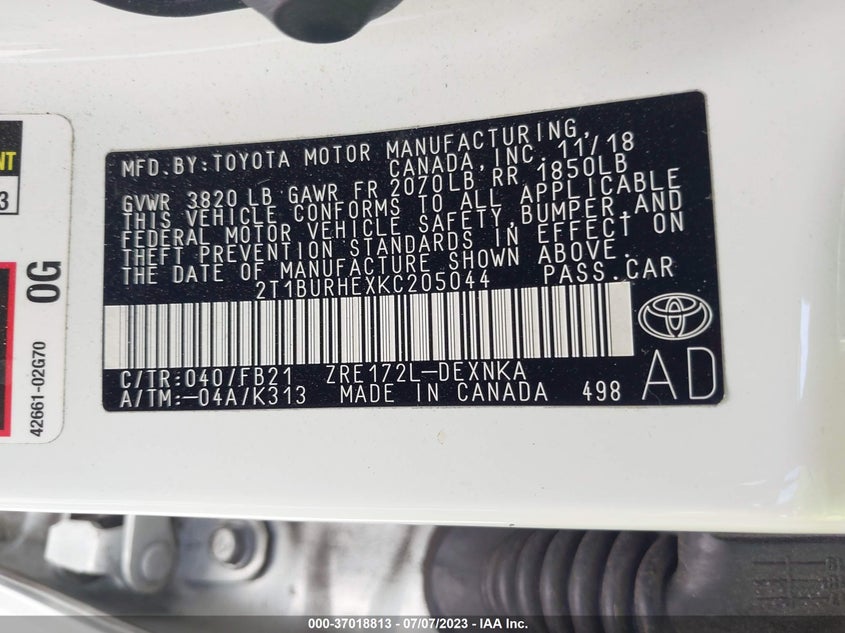 VIN 2T1BURHEXKC205044 2019 TOYOTA COROLLA L/LE/SE/XLE/XSE