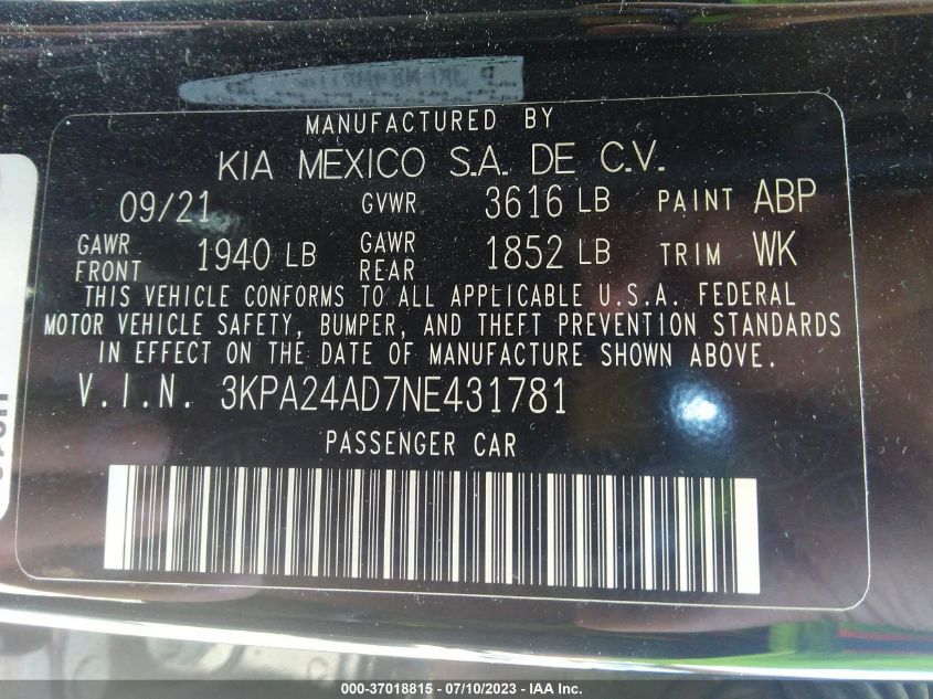 2022 KIA RIO S - 3KPA24AD7NE431781