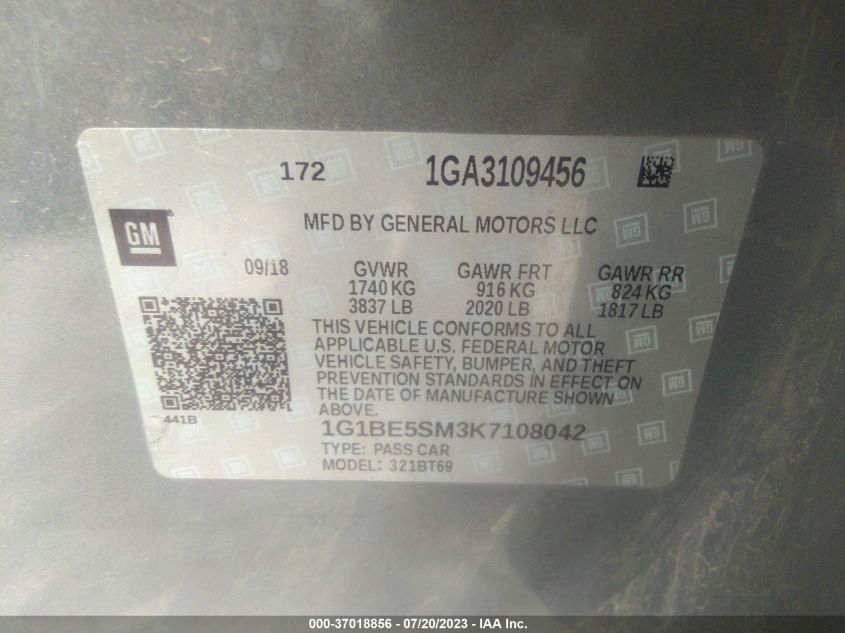 2019 CHEVROLET CRUZE LT - 1G1BE5SM3K7108042