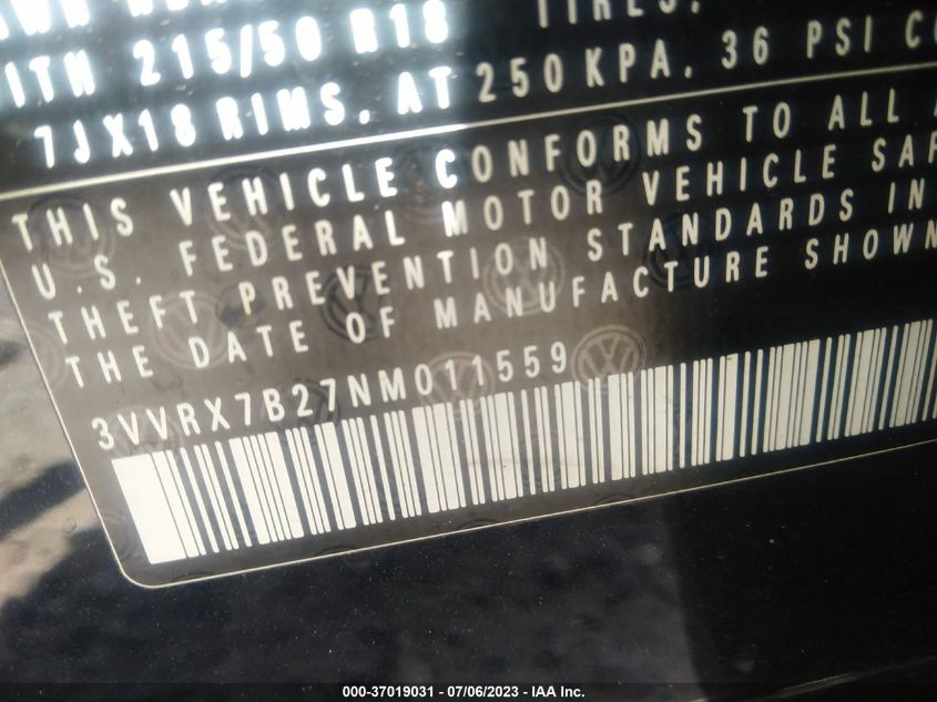2022 VOLKSWAGEN TAOS SE - 3VVRX7B27NM011559