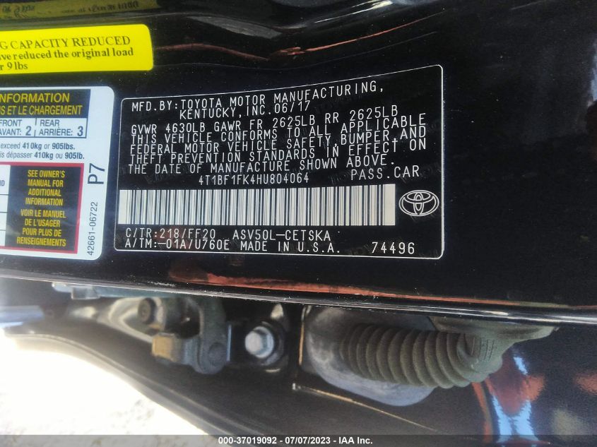 2017 TOYOTA CAMRY LE/XLE/SE/XSE - 4T1BF1FK4HU804064