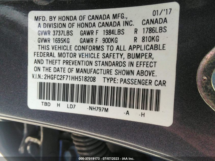 2017 HONDA CIVIC SEDAN EX - 2HGFC2F71HH518208