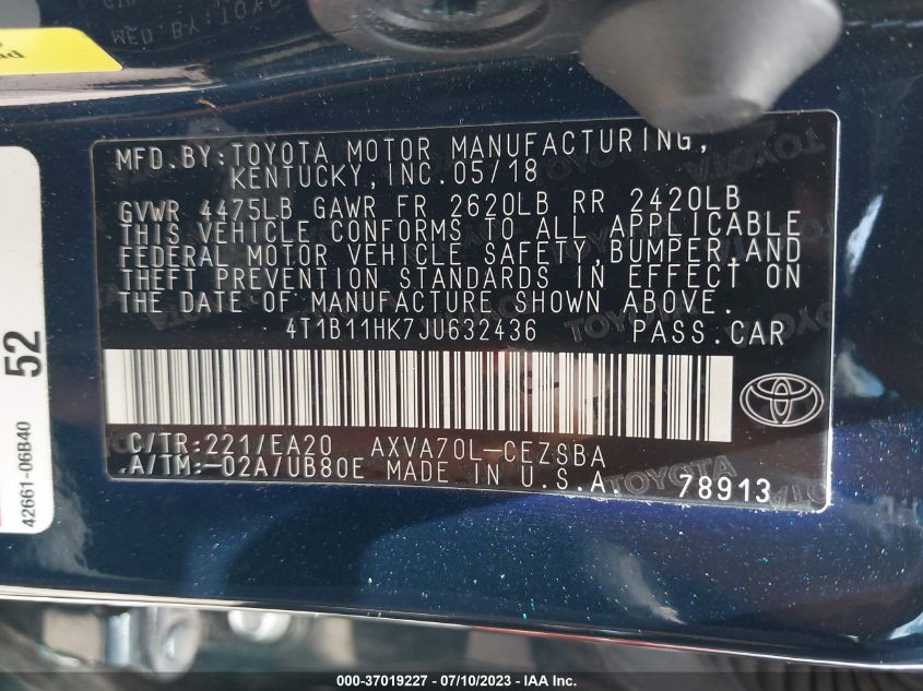 2018 TOYOTA CAMRY LE/SE/XLE/L - 4T1B11HK7JU632436