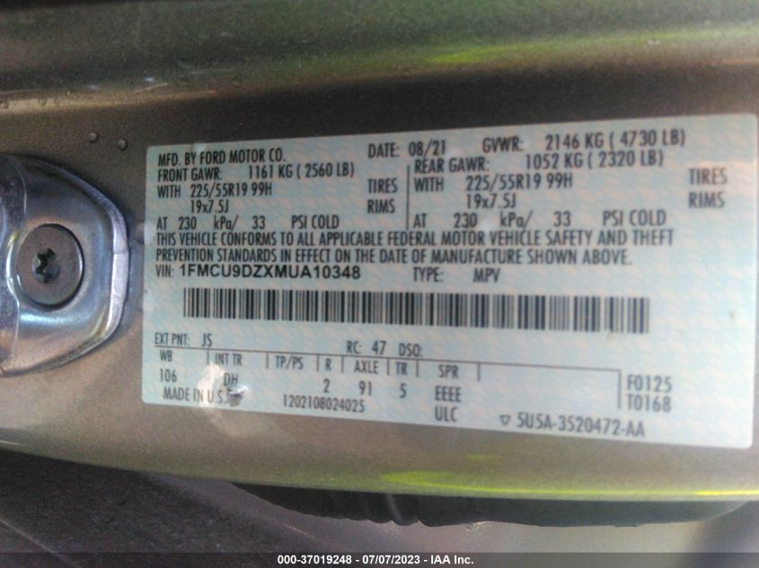 2021 FORD ESCAPE TITANIUM HYBRID - 1FMCU9DZXMUA10348