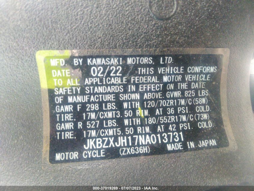 2022 KAWASAKI ZX636 K JKBZXJH17NA013731