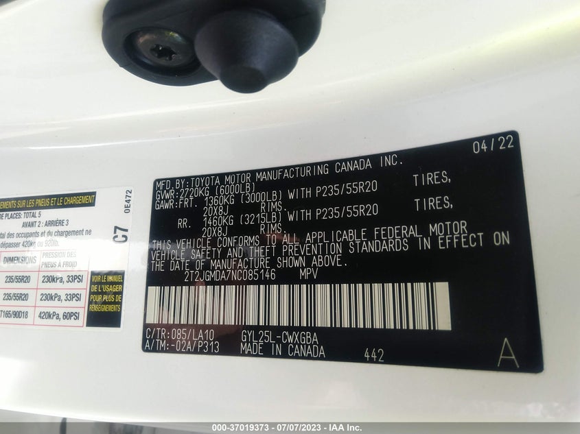 VIN 2T2JGMDA7NC085146 2022 LEXUS RX 450H