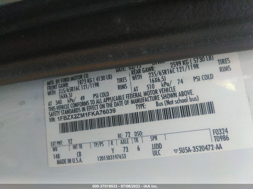 2015 FORD TRANSIT WAGON XL/XLT - 1FBZX2ZM1FKA76039