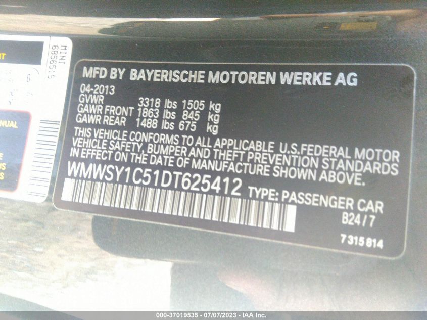 2013 MINI COOPER ROADSTER - WMWSY1C51DT625412