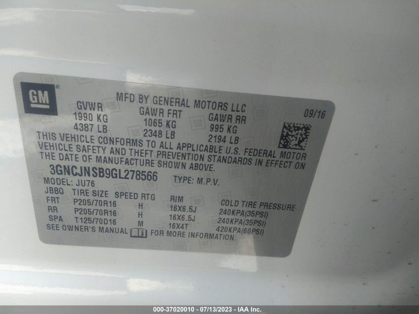 2016 CHEVROLET TRAX LS - 3GNCJNSB9GL278566