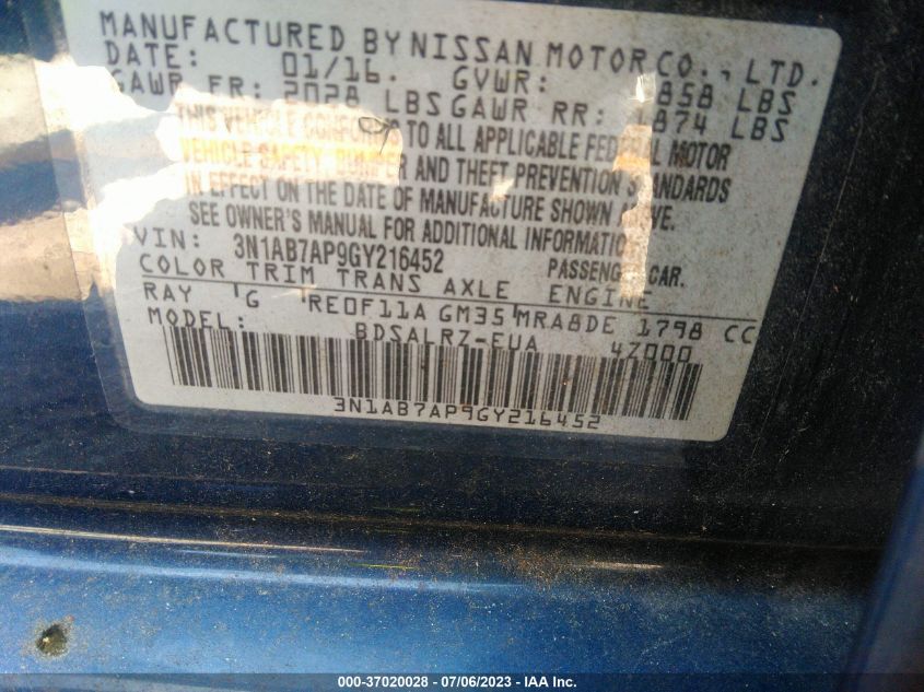 2016 NISSAN SENTRA SR - 3N1AB7AP9GY216452