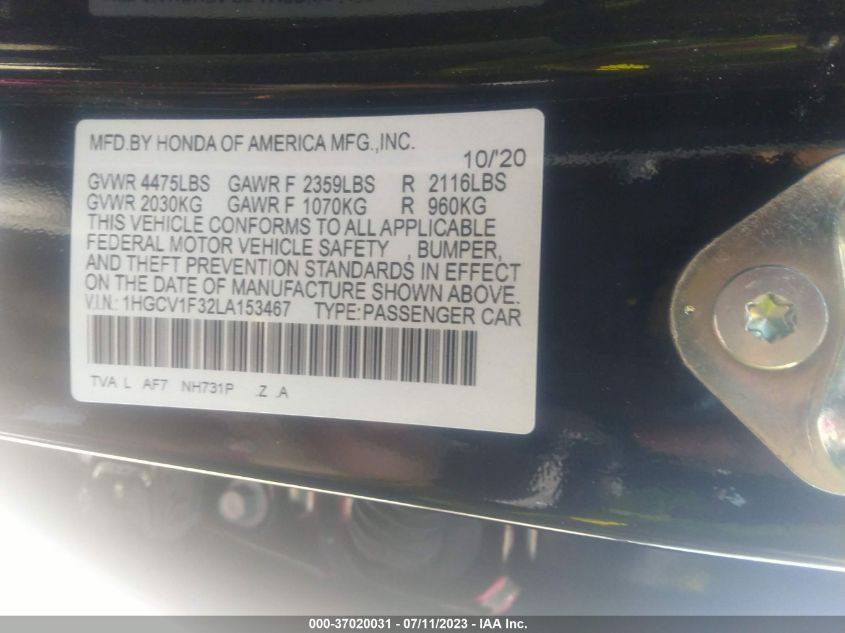 2020 HONDA ACCORD SEDAN SPORT - 1HGCV1F32LA153467
