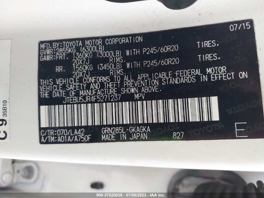 2015 TOYOTA 4RUNNER LIMITED/TRAIL/SR5 - JTEBU5JR4F5271237