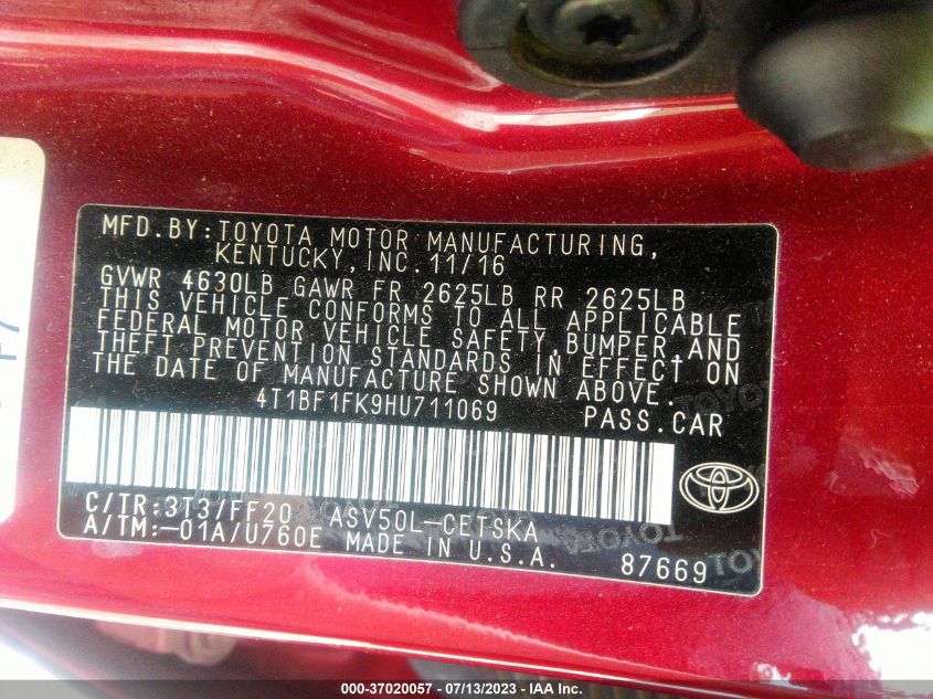 2017 TOYOTA CAMRY XLE/SE/LE/XSE - 4T1BF1FK9HU711069