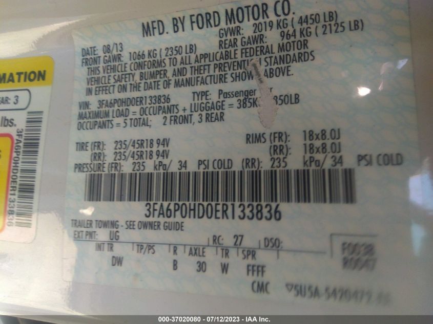 2014 FORD FUSION SE - 3FA6P0HD0ER133836