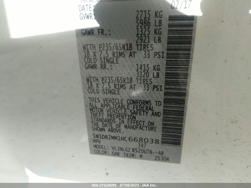 2017 NISSAN PATHFINDER S/SV/SL/PLATINUM - 5N1DR2MM1HC668038