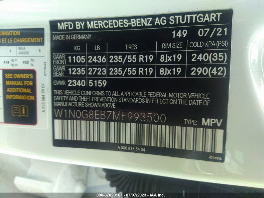 2021 MERCEDES-BENZ GLC GLC 300 - W1N0G8EB7MF993500