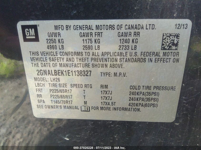 2014 CHEVROLET EQUINOX LT - 2GNALBEK1E1138327