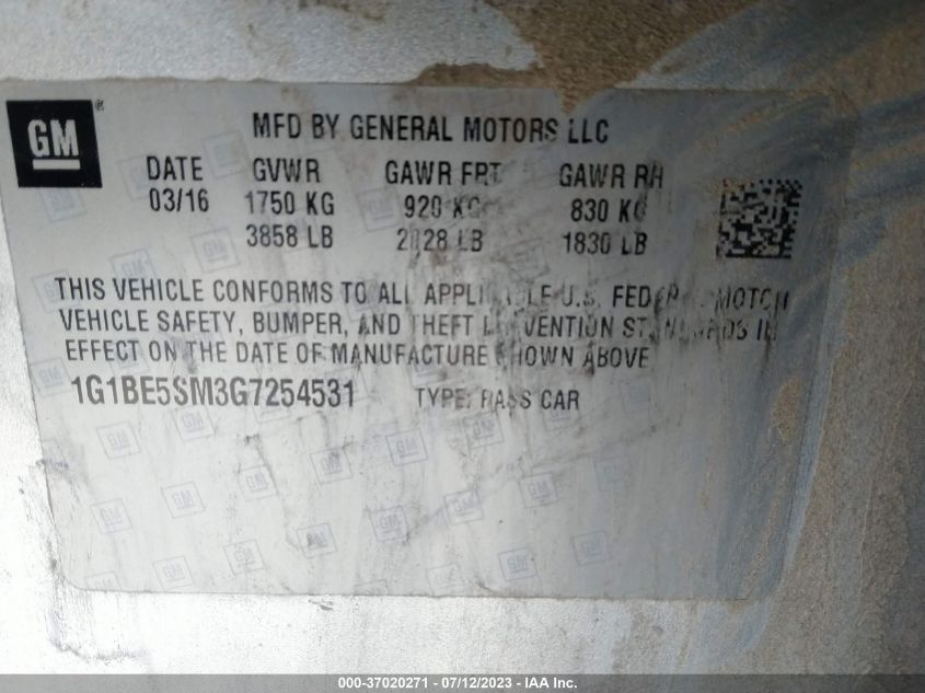 2016 CHEVROLET CRUZE LT - 1G1BE5SM3G7254531