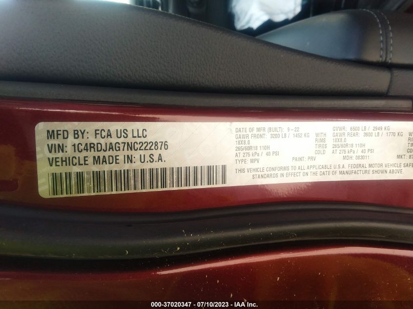 2022 DODGE DURANGO SXT - 1C4RDJAG7NC222876