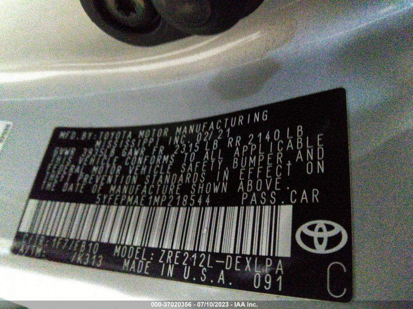 2021 TOYOTA COROLLA LE - 5YFEPMAE1MP218544