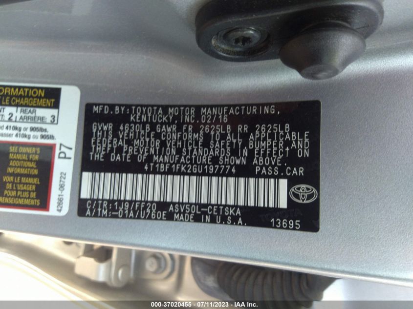 2016 TOYOTA CAMRY XLE/SE/LE/XSE - 4T1BF1FK2GU197774