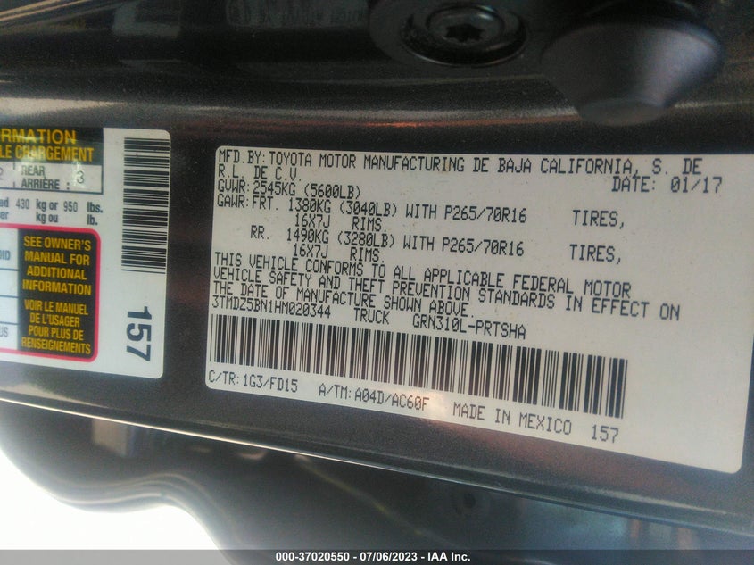 VIN 3TMDZ5BN1HM020344 2017 TOYOTA TACOMA SR5/TRD SPORT