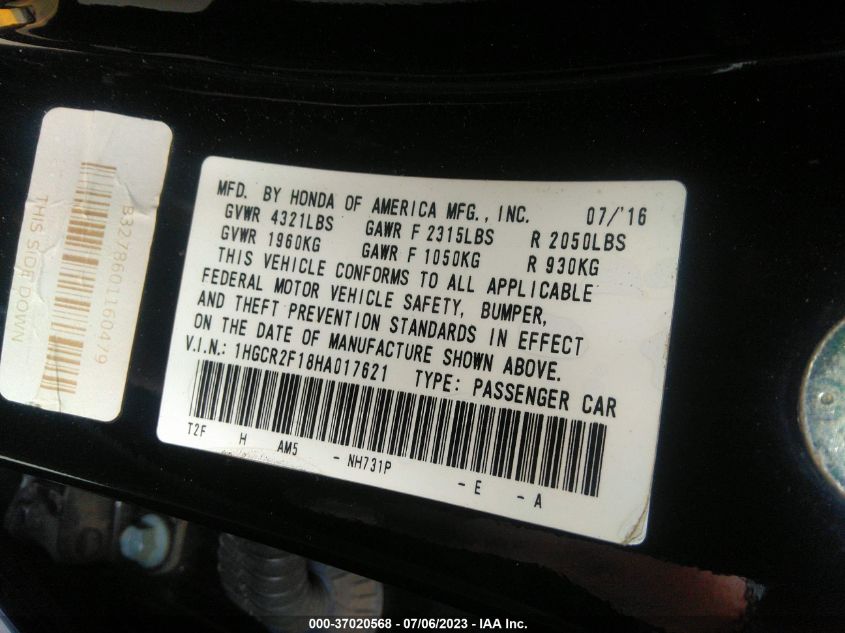 2017 HONDA ACCORD SEDAN SPORT SE - 1HGCR2F18HA017621