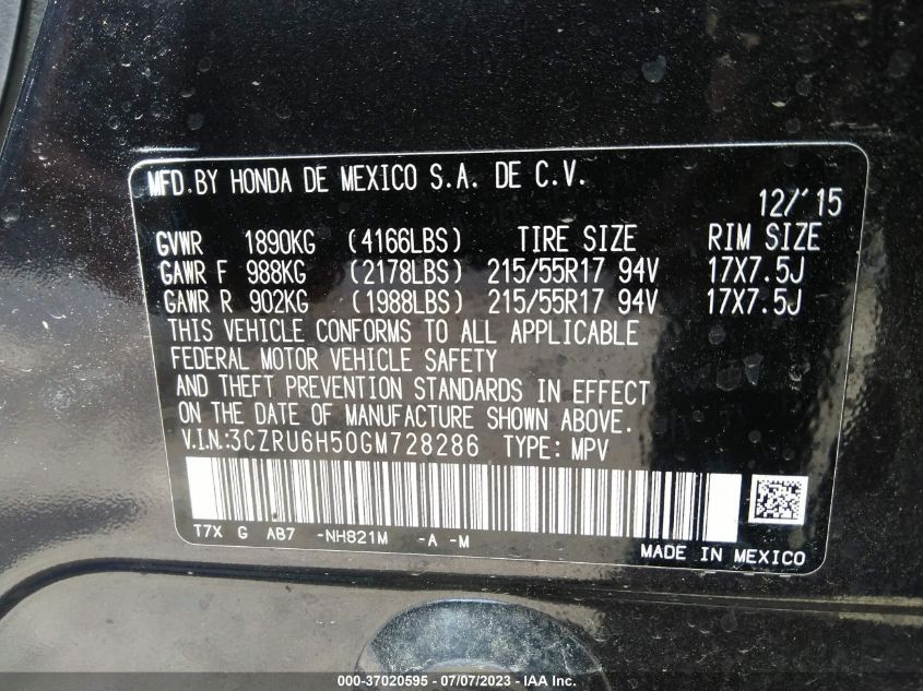 2016 HONDA HR-V EX - 3CZRU6H50GM728286