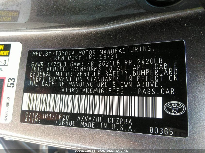 2021 TOYOTA CAMRY XSE - 4T1K61AK6MU615059